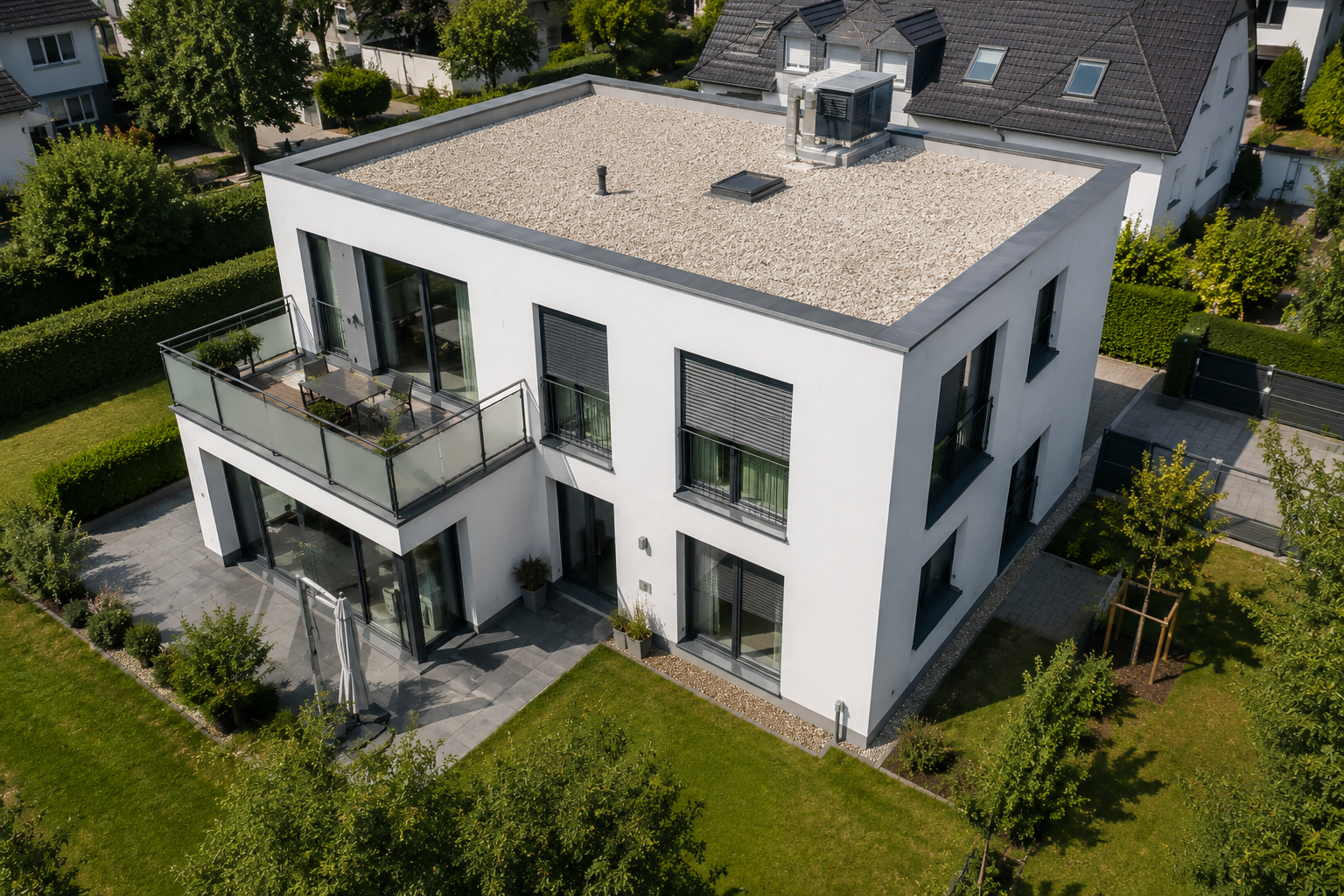 Gesamtansicht eines Wohnhauses aus der Luft